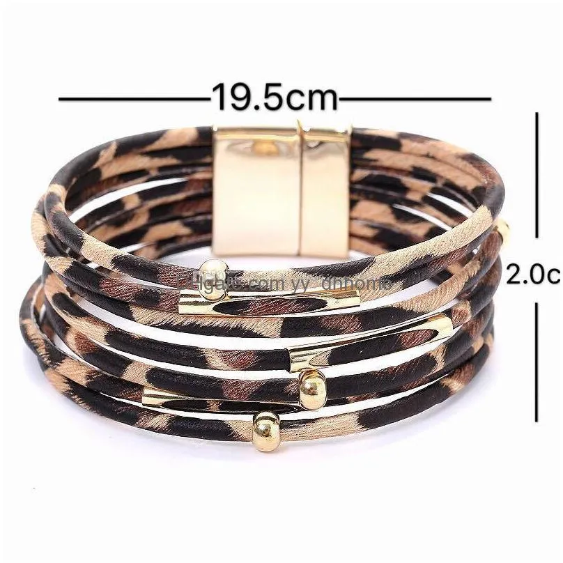 leopard pu bracelet bangle leather wrap wristband handmade multilayer cuff bracelets with magnetic clasp for girls women jewelry