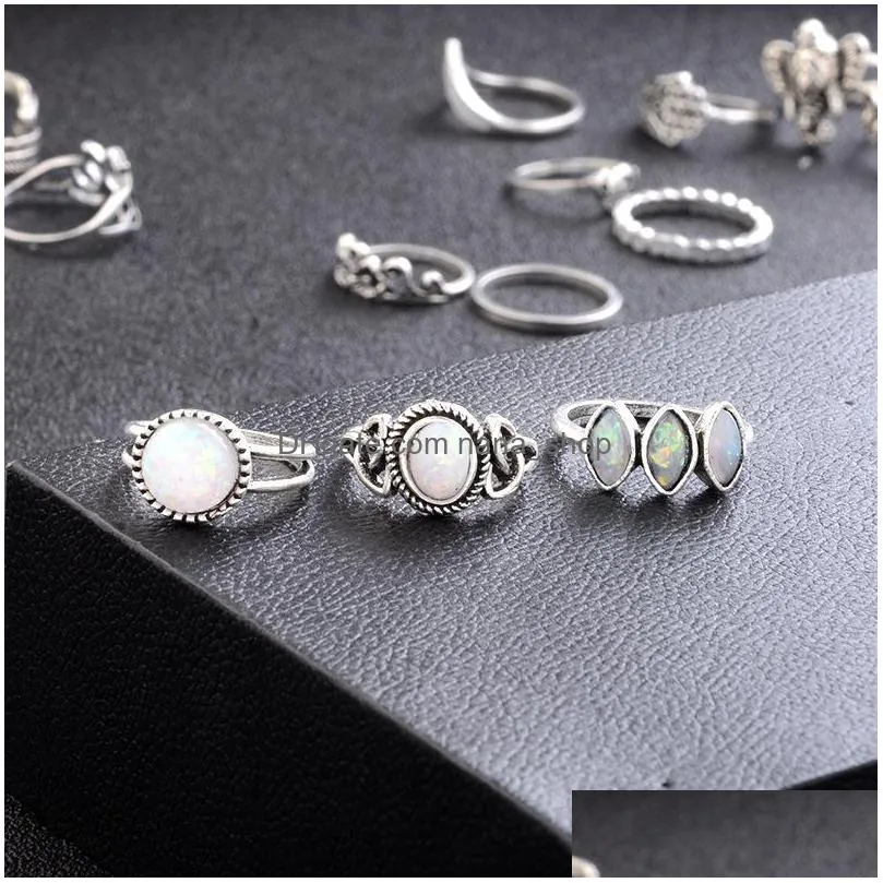 fashion jewelry ancient silver knuckle ring set opal crown flower elephant stacking rings midi rings set 13pcs/set