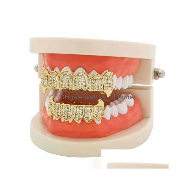 hip hop golden grillz cool gold diamonds teeth jewelry real gold plated fashion rapper dental grills three colors golden silver