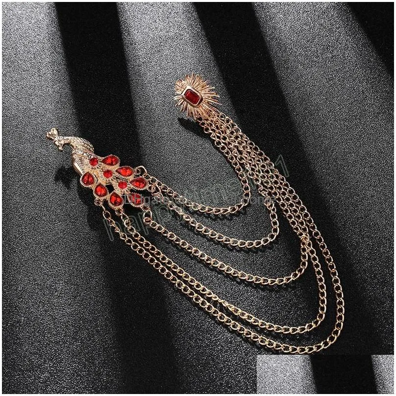 retro brooch pin for men suit peacock tassel collar pins with chain shirt crystal corsage luxury jewelry accessories