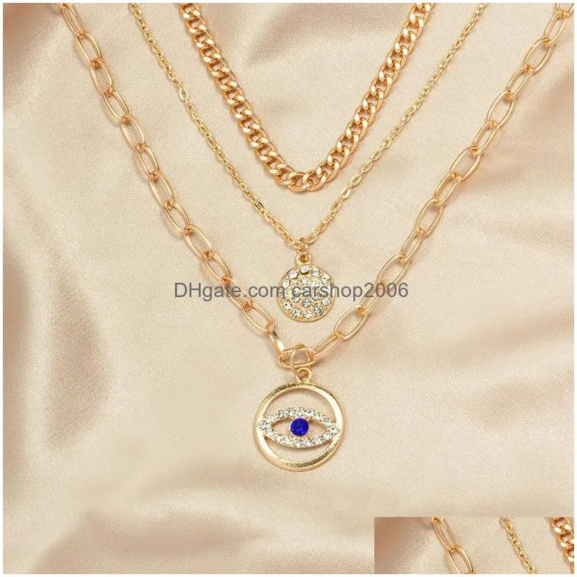 fashion jewelry evil eye multi layer necklace blue eyes rhinestone round pendant choker necklaces