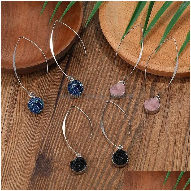 colorful round druzy resin charm dangle earrings korean style long hook statement earrings for women fashion jewelry