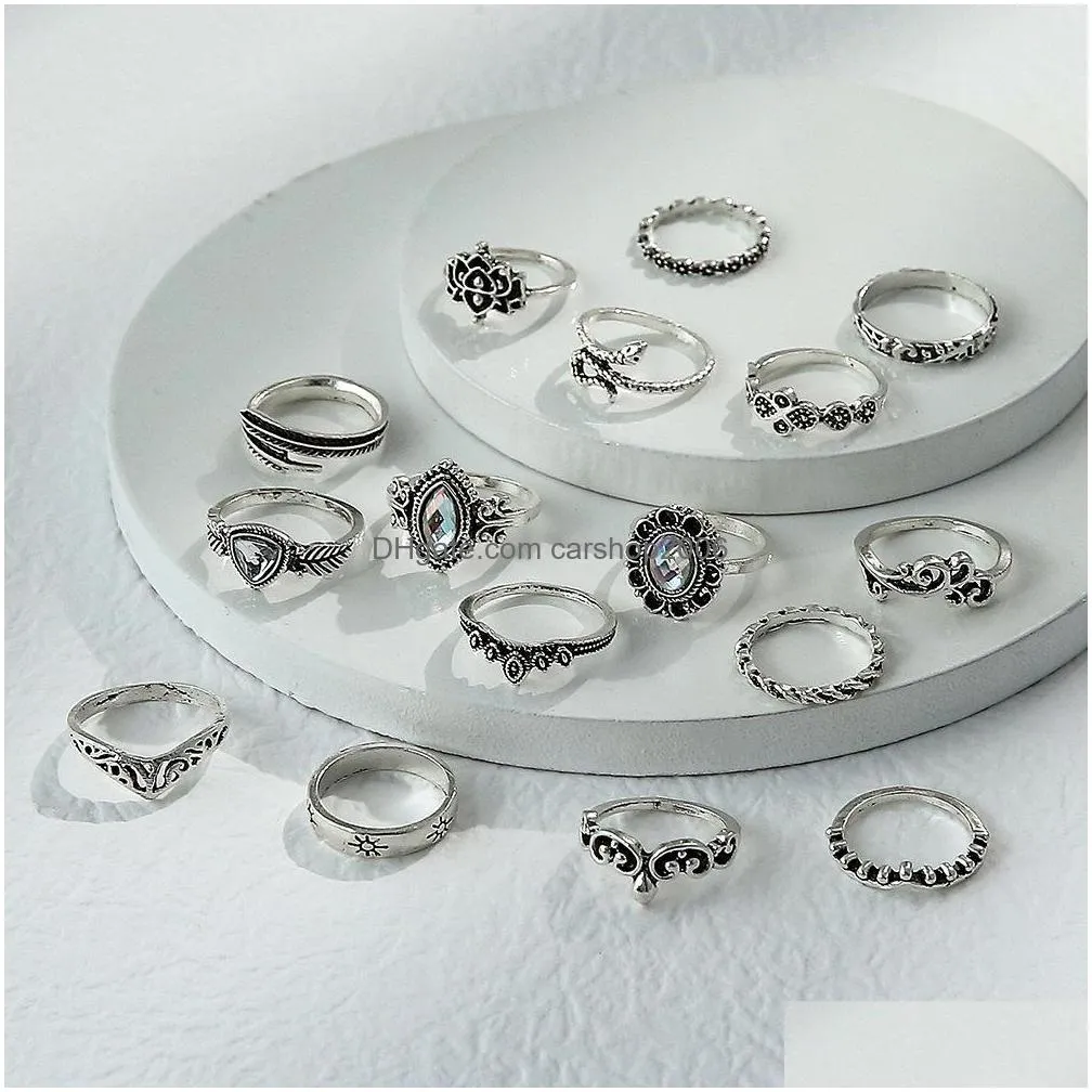 fashion jewelry vintage ring set snake carved flower feather crown rings sets 16pcs/set