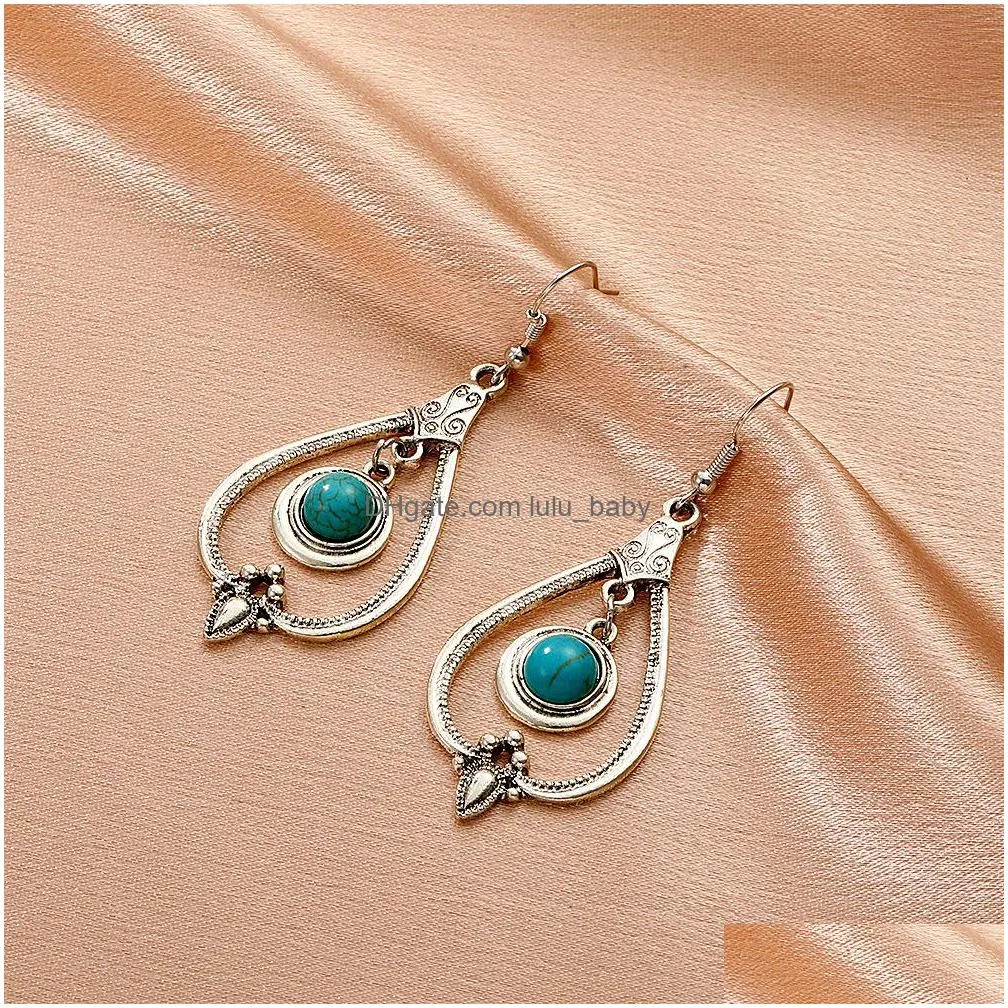 bohemian fashion turquoise geometric earrings hollow out water drop retro dangle earrings