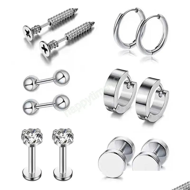 6 pairs stud earring hoop stainless steel silver color labret ear piercing cartilage screw tragus helix punk men women jewelry