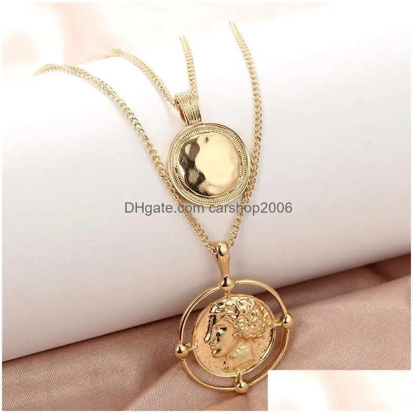 fashion jewelry irregular round face necklace gold double chain head pendant multilayer necklaces