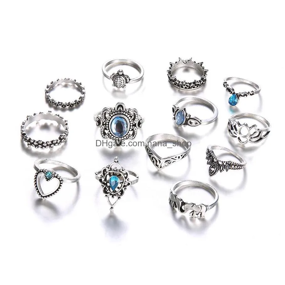 fashion jewelry ancient silver knuckle ring set crown heart elephant turtle stacking rings midi rings set 13pcs/set