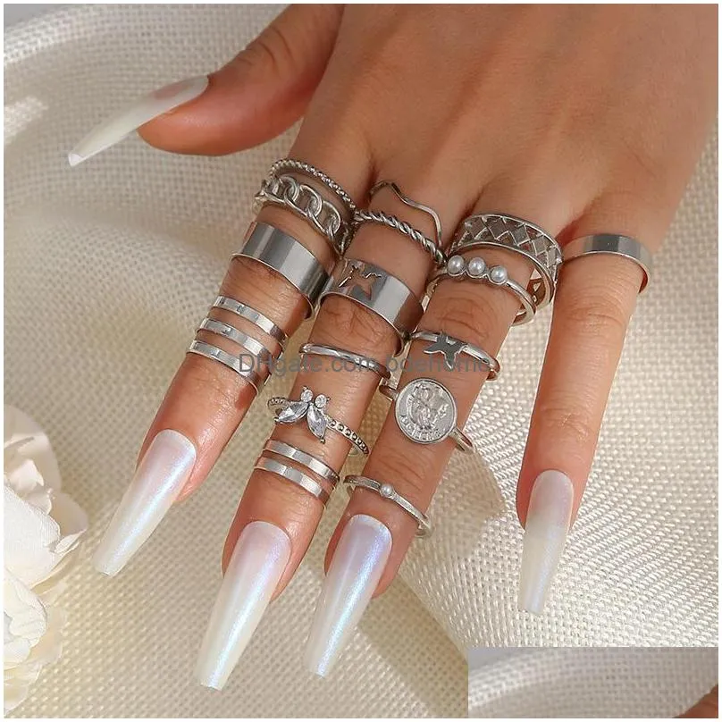 fashion jewelry knuckle ring set hollow out butterfly geometric round stacking rings midi rings sets 15pcs/set