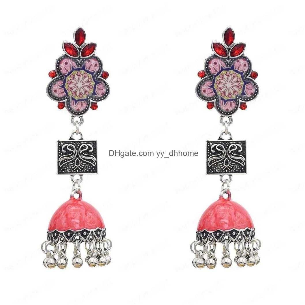 retro style with glass flower pattern with color enamel tassel dangle earrings for woman charms jewelry wedding gift