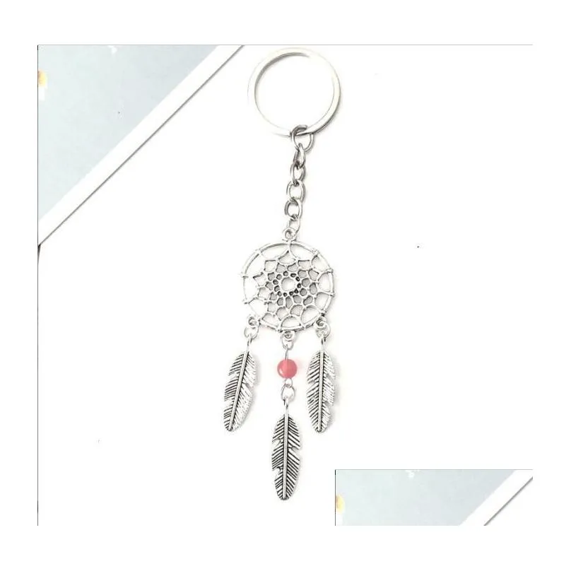 silver-color dreamcatcher keychain feather leaf dreamnet catcher keyholder pink blue white bead hanging decoration