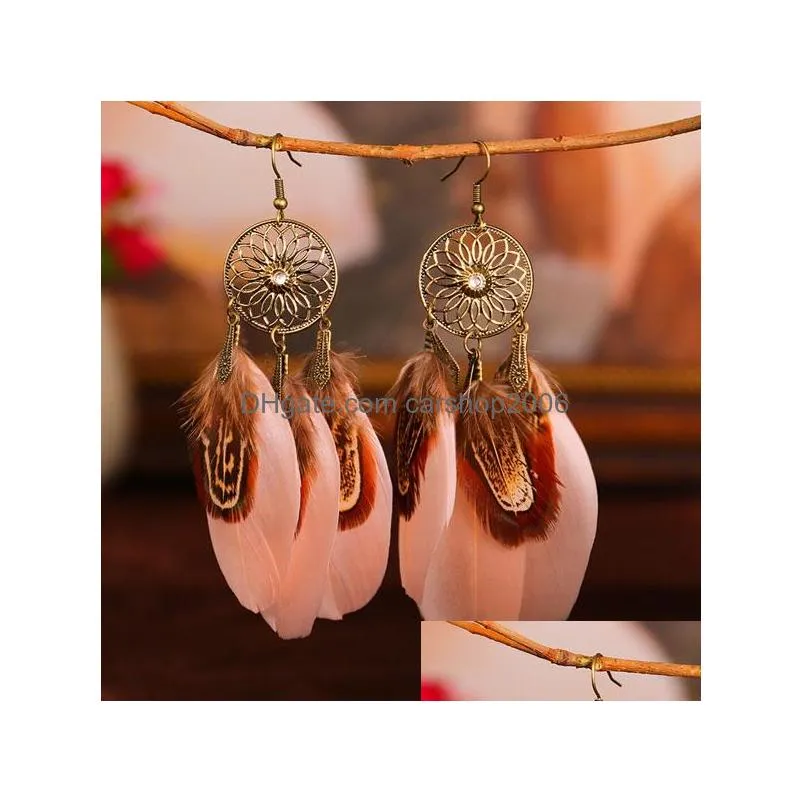 bohemian fashion jewelry vintage hollowed sun flower feather earrings feathers tassel dangle earrings