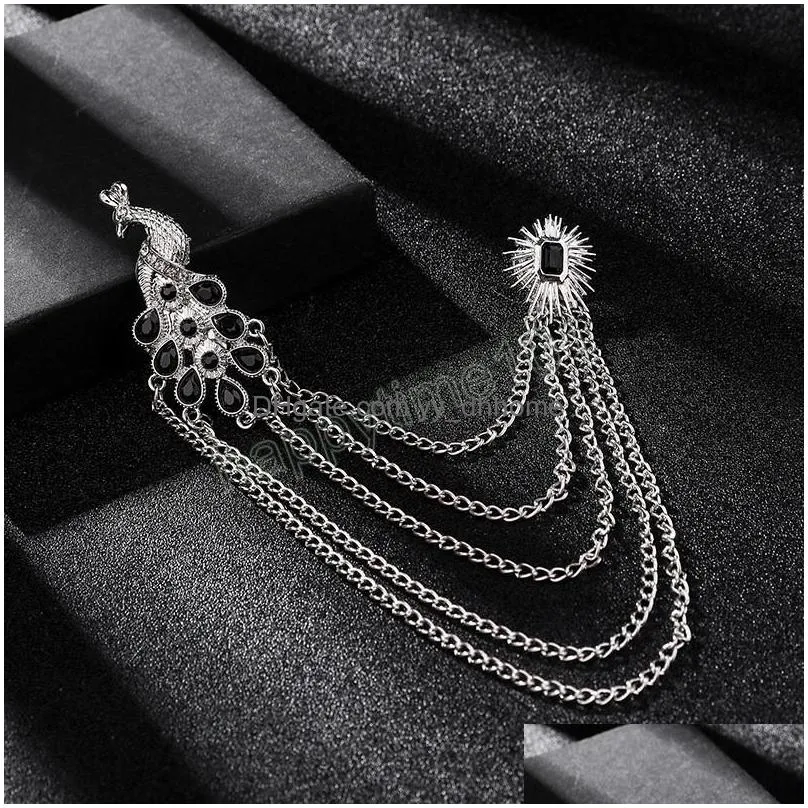 retro brooch pin for men suit peacock tassel collar pins with chain shirt crystal corsage luxury jewelry accessories