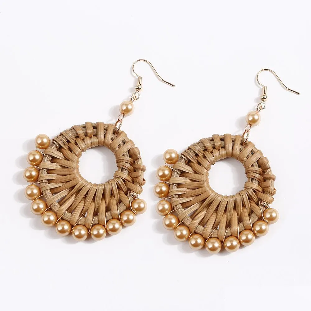 fashion jewelry womens cane weave earrings handwoven pearls beaded circle dangle earrings