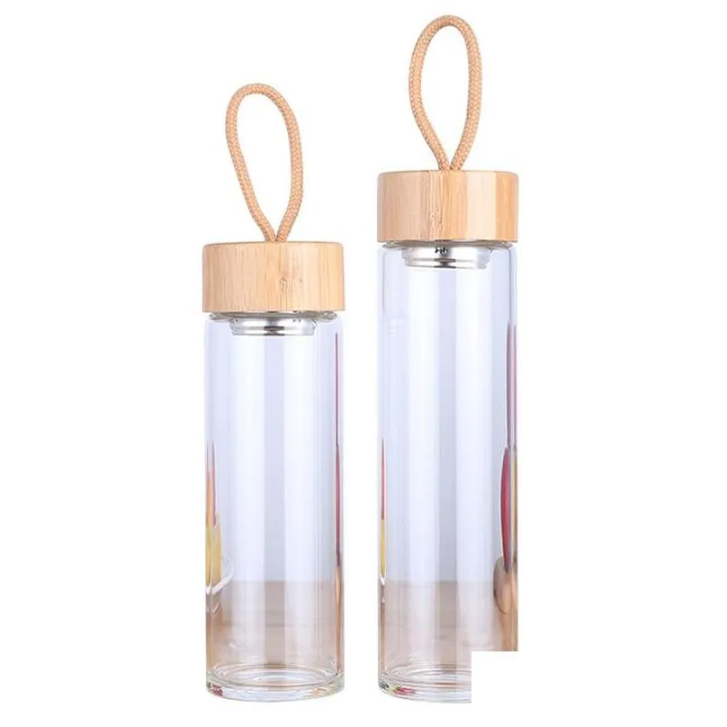 transparent glass cups monolayer bamboos cover water cup man woman home office with ropes waters bottle portable 16bd2 l1