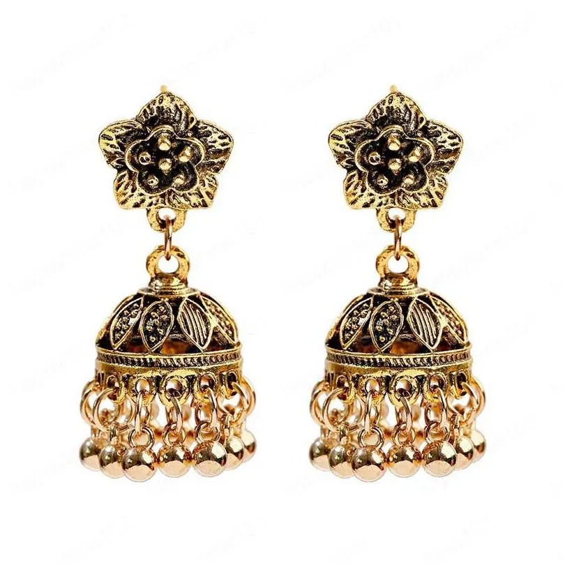 ethnic gold flower indian jhumka dangle earrings vintage boho tribe tassel drop earring jewelry o