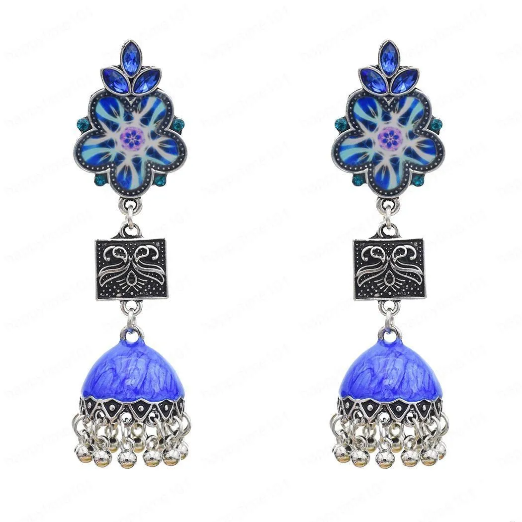 retro style with glass flower pattern with color enamel tassel dangle earrings for woman charms jewelry wedding gift