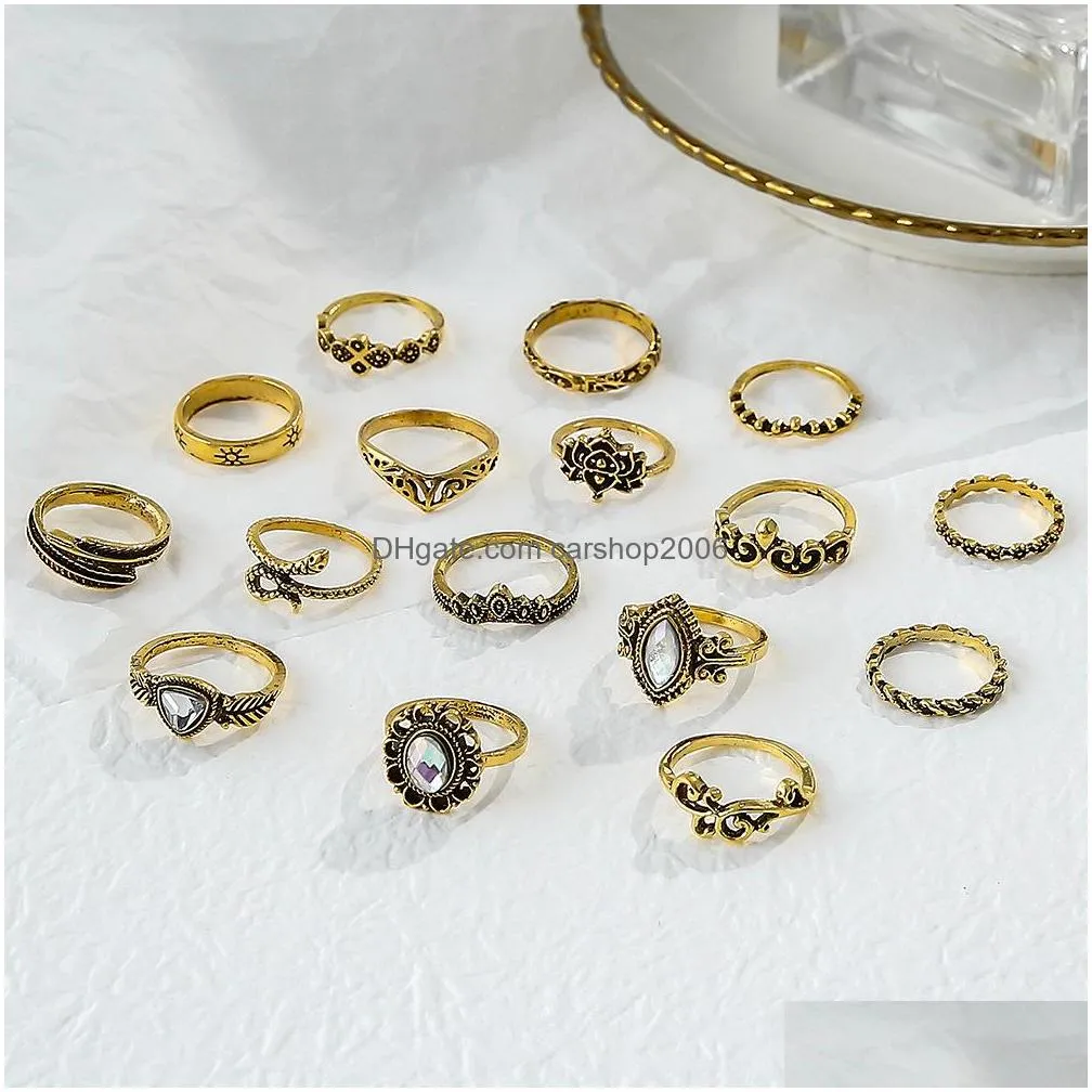 fashion jewelry vintage ring set snake carved flower feather crown rings sets 16pcs/set