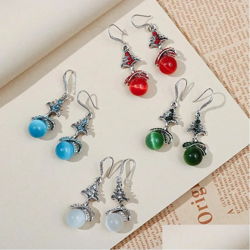 fashion bride wedding earring ethnic cat eye stone tree shape red crystal rhinestone opal dangle hanging earring luxury jewelry