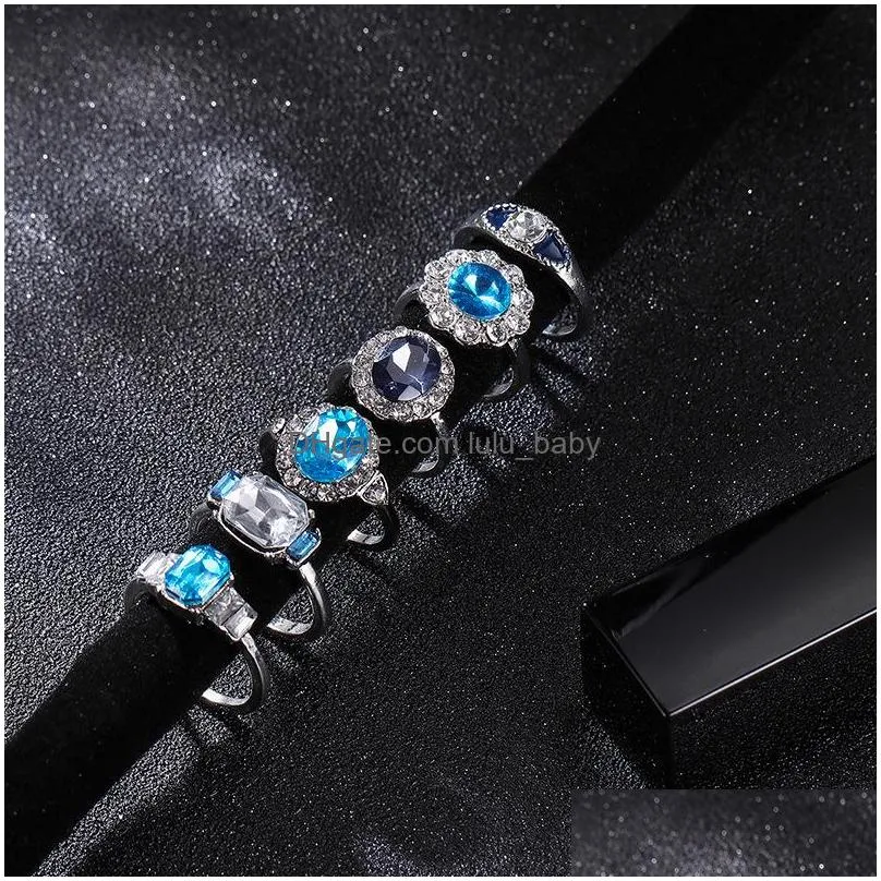 fashion jewelry knuckle ring set blue crystal rhinstone geometric irregular double color rings sets 11pcs/set