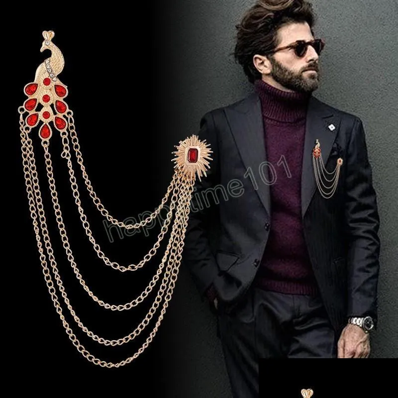 retro brooch pin for men suit peacock tassel collar pins with chain shirt crystal corsage luxury jewelry accessories