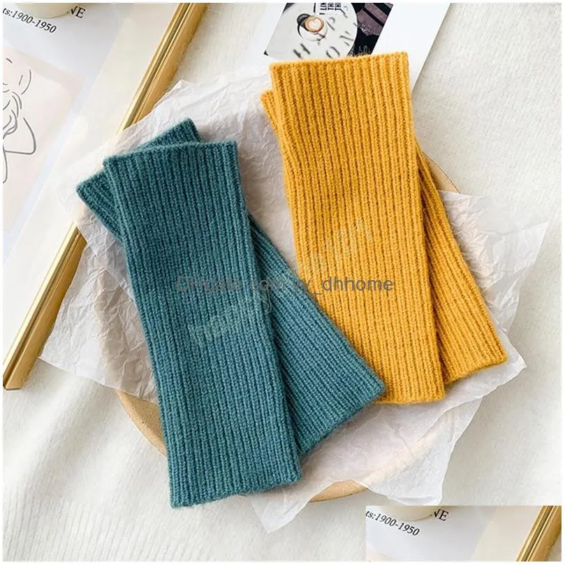 winter autumn women men warm fingerless knitted wool gloves solid color stretch mittens exposed finger short cashmere gloves