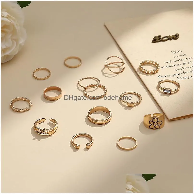 fashion jewelry knuckle ring set gold butterfly flower chain crossed geometric stacking rings midi rings sets 15pcs/set
