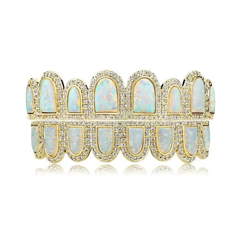 fashion gold plated bling cz natural opal teeth grillz set top bottom grills dental grills rapper jewelry