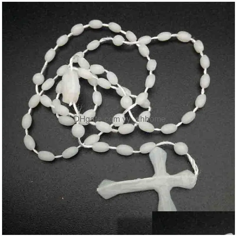 catholic rosary necklace plastic rosary religious jewelry jesus cross crucifix pendant necklaces night lumious necklace drop 