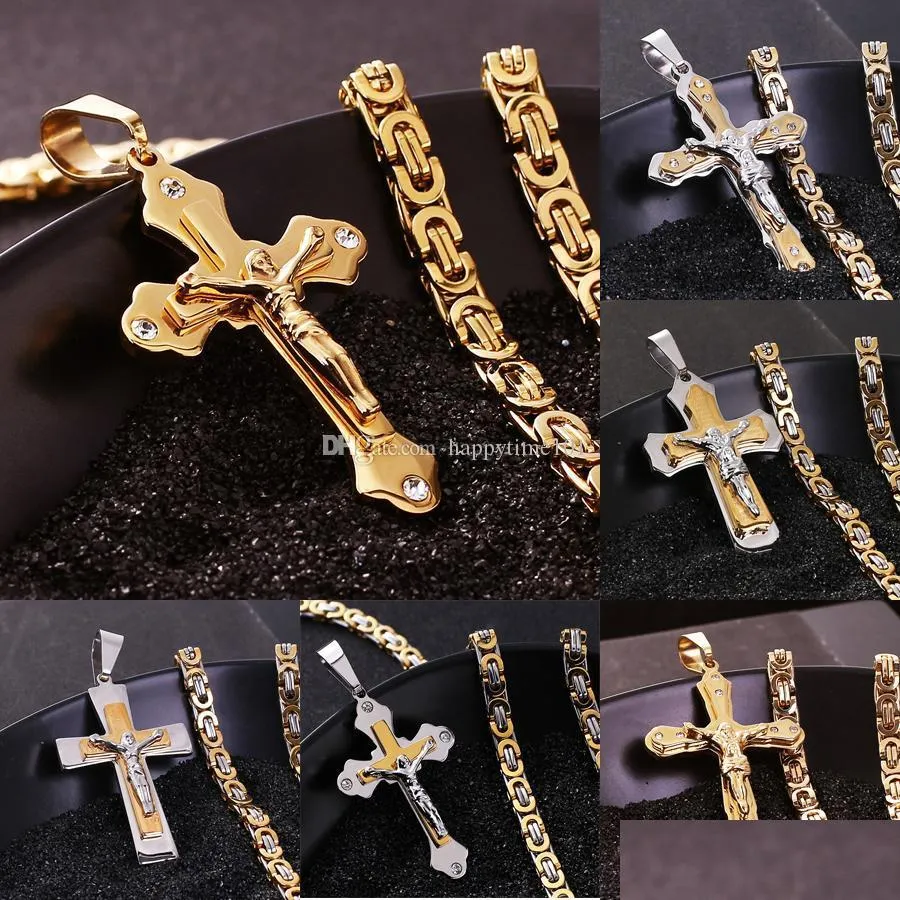 stainless steel mens cross necklaces multilayer christian jesus crucifix pendant biker chain for male s fashion hip hop jewelry