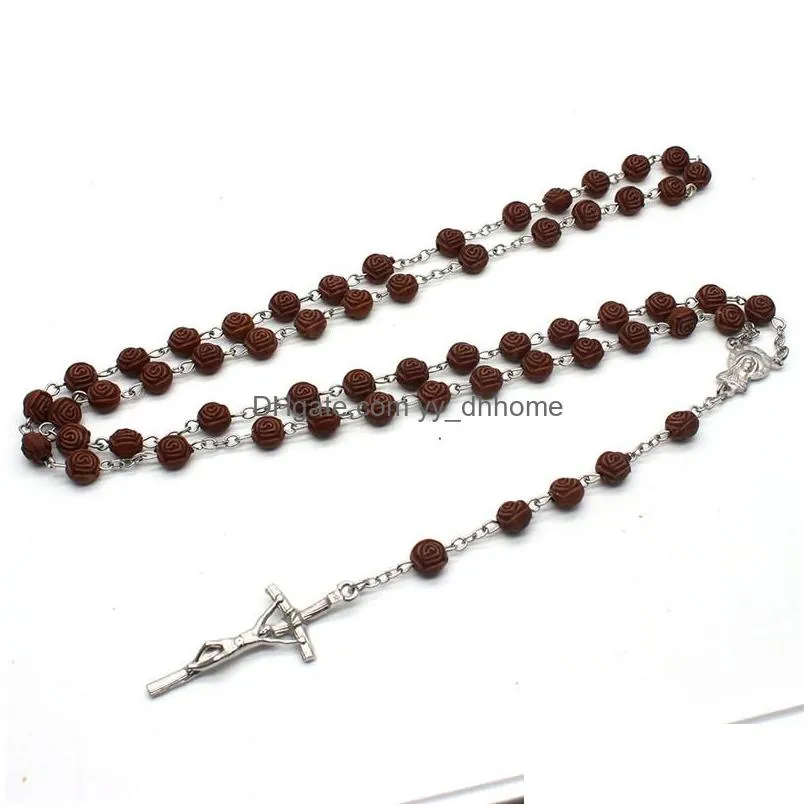 handmade christ men catholic gift cross pendant necklace rose wooden beads wooden rosary necklace jesus rosary jewelry