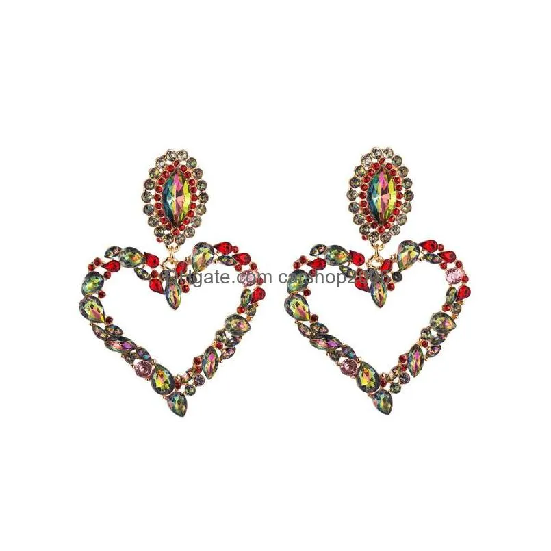 fashion jewelry exaggerated peach heart diamond earrings colorful rhinstone dangle stud earrings
