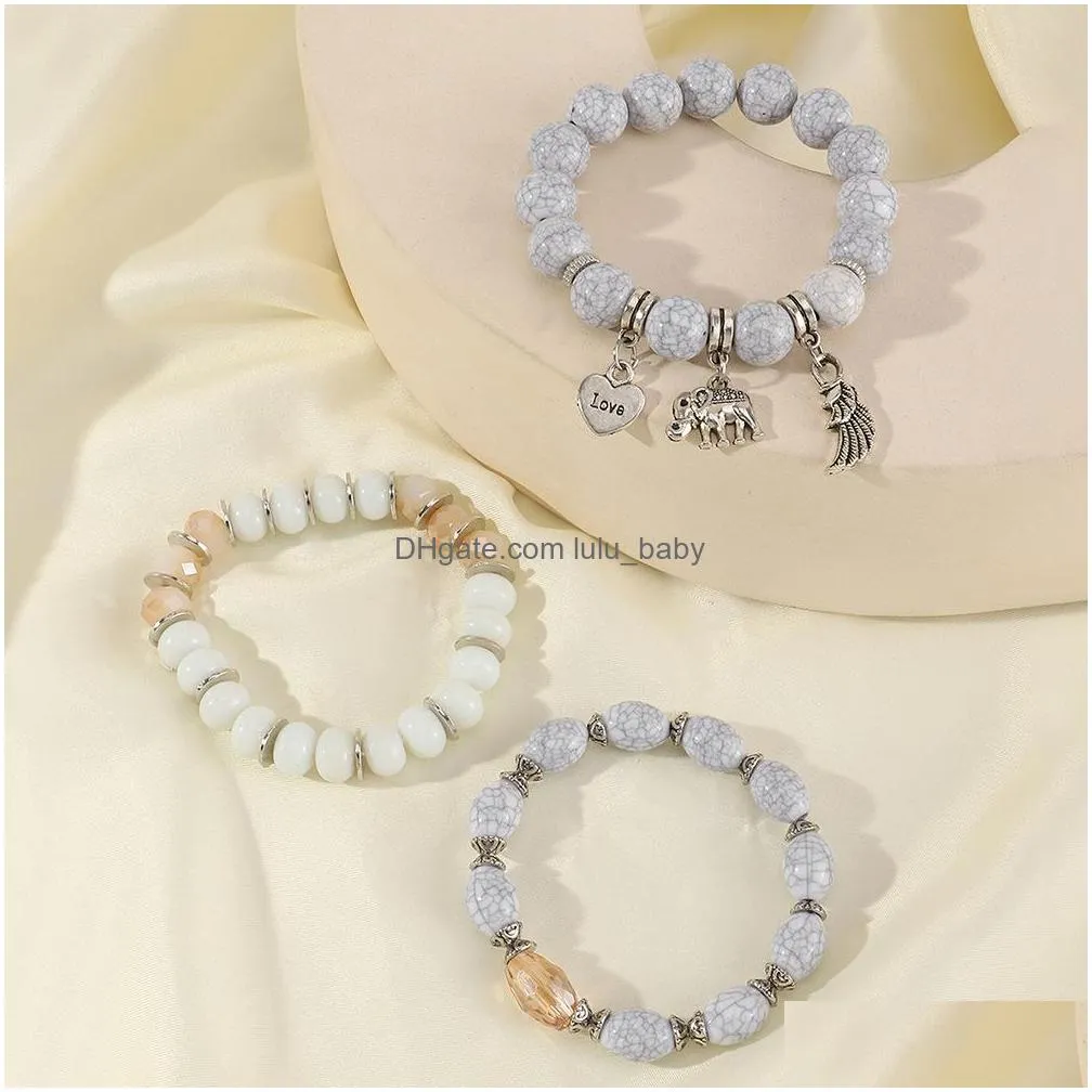 bohemian fashion jewelry heart elephant angel wing pendant strands beaded bracelet handmade multi layer crack stone beads charms chain bracelets