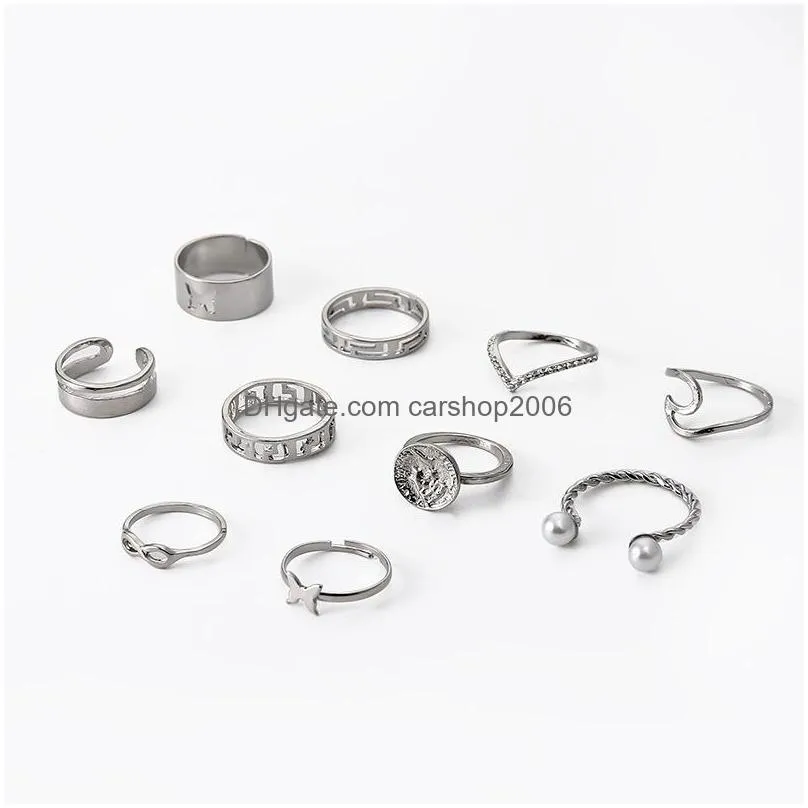 fashion jewelry knuckle ring set silver geometric hollow butterfly stacking rings set 10pcs/set