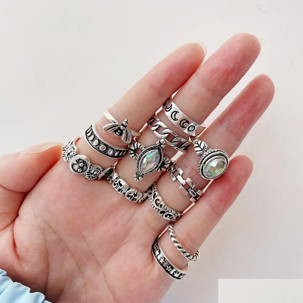 bohemian fashion jewelry knuckle ring set silver bee chain heart geometric round stacking rings midi rings sets 12pcs/set