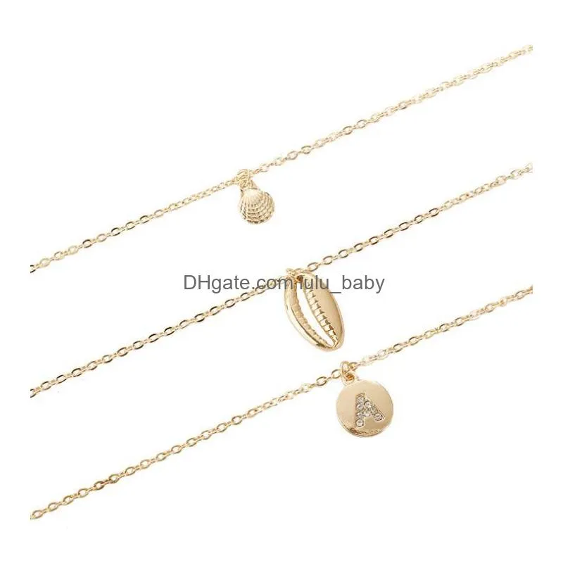 europe fashion jewelry womens shells parttern embedded drill letters a pendant multilayer necklace lady layers chain necklace