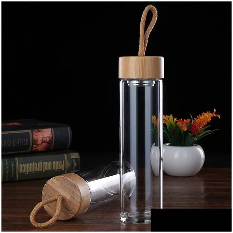 transparent glass cups monolayer bamboos cover water cup man woman home office with ropes waters bottle portable 16bd2 l1