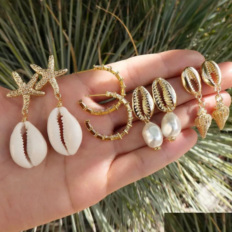 bohemian fashion jewelry earrings set natural shell irregular pearl conch starfish stud earrings 4pairs/set