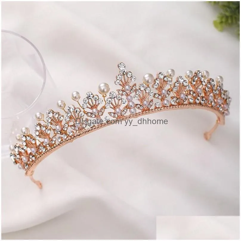 bright rose gold color tiara imitation pearl rhinestone crown bride wedding headband women birthday party headpeice jewelry