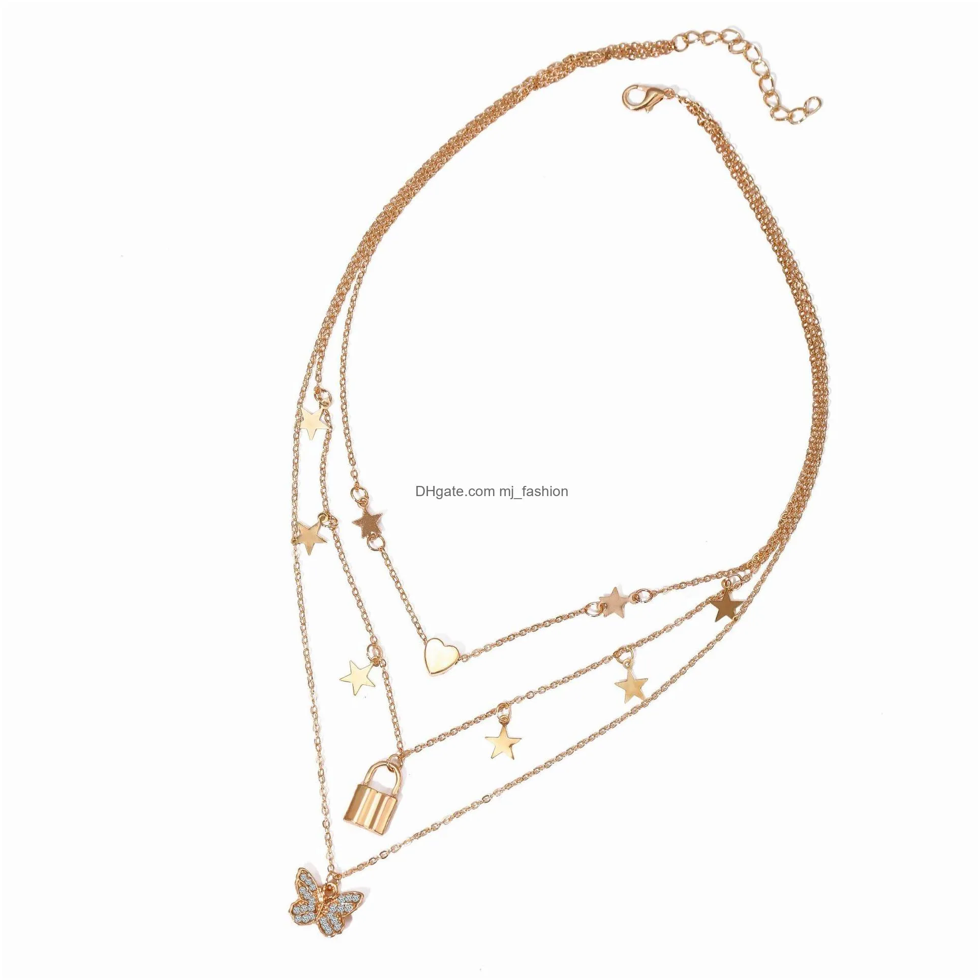 fashion jewelry multilayer pendant necklace metallic heart stars loket butterfly chocker necklaces