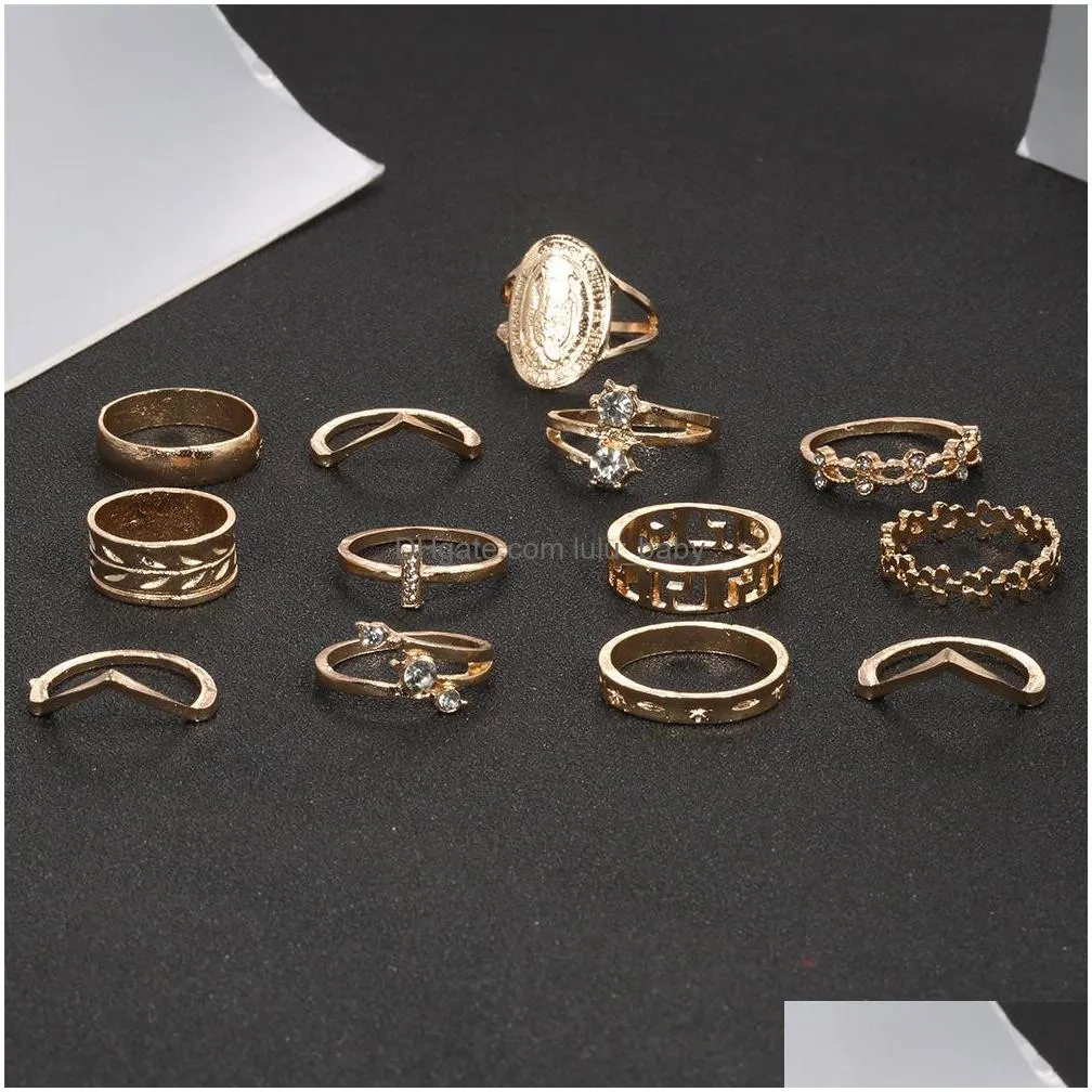 bohemian fashion jewelry knuckle ring set hollow out flower stacking rings midi rings 13pcs/set