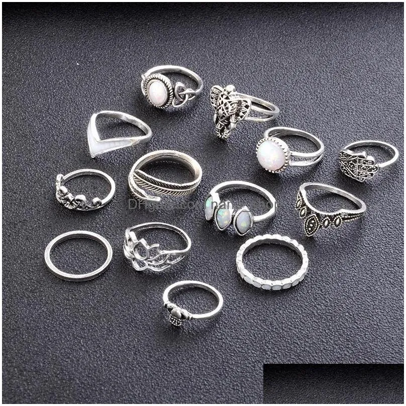 fashion jewelry ancient silver knuckle ring set opal crown flower elephant stacking rings midi rings set 13pcs/set