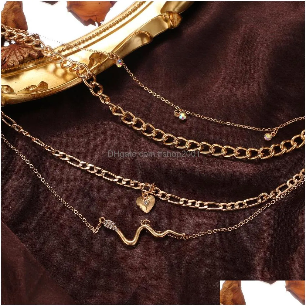 fashion jewelry vintage multilayer snake pendant necklace heart chain necklaces