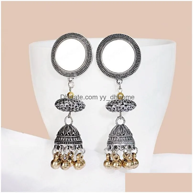 ethnic silver color long beads earrings for women round mirror dangle earrings afghan mexico indian jewelry