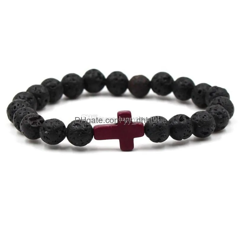 8mm natural lava beads stone cross bracelet charm beaded  oil diffuser bracelets elastic rock stone bangle unisex jewe