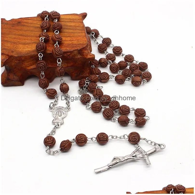 handmade christ men catholic gift cross pendant necklace rose wooden beads wooden rosary necklace jesus rosary jewelry