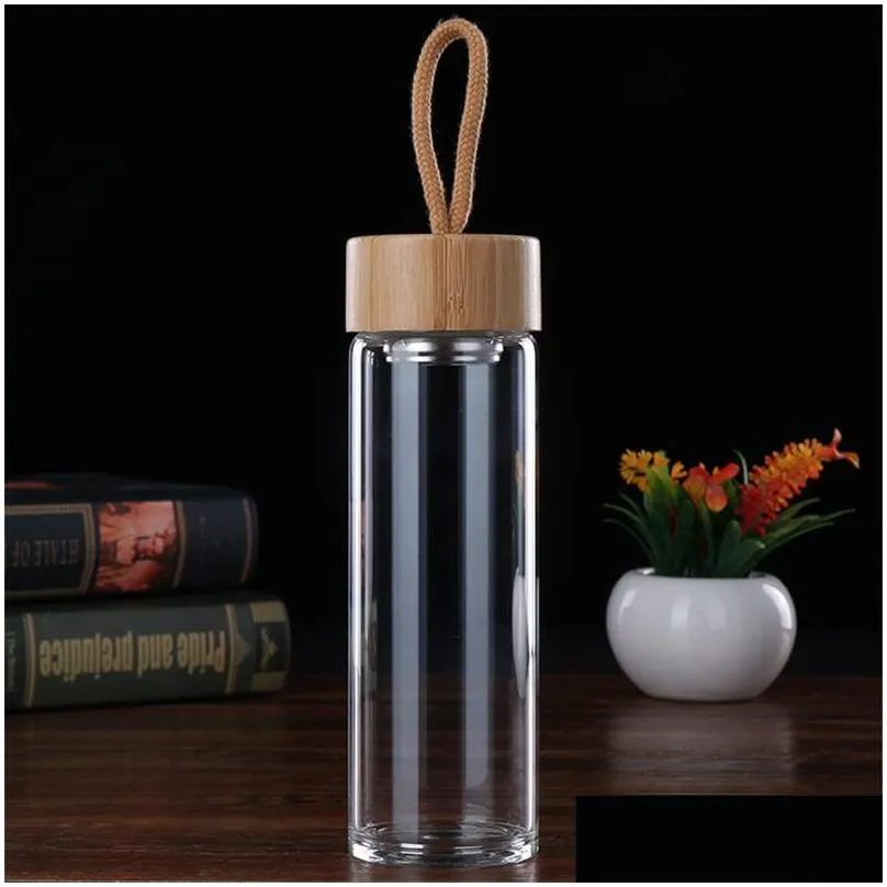 transparent glass cups monolayer bamboos cover water cup man woman home office with ropes waters bottle portable 16bd2 l1