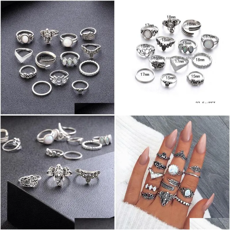 fashion jewelry ancient silver knuckle ring set opal crown flower elephant stacking rings midi rings set 13pcs/set