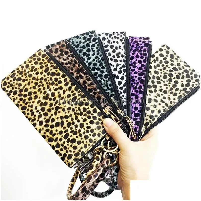 women girls leopard pu leather bracelet key ring bangle keyring ring circle keychain wristlet keyrings jewelry with wallet purse