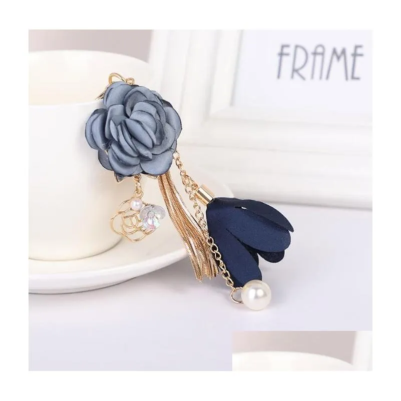 gold metal key rings chains tassel cloth flower rhinestones car keys bag charms pendant jewelry for women girls 3 colors