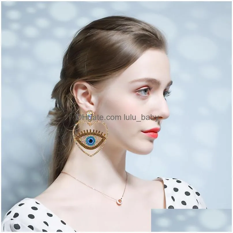 fashion jewelry dangle exaggerated evil eye earrings for women colorful rhinestone heart hollowed out blue eyes stud earrings